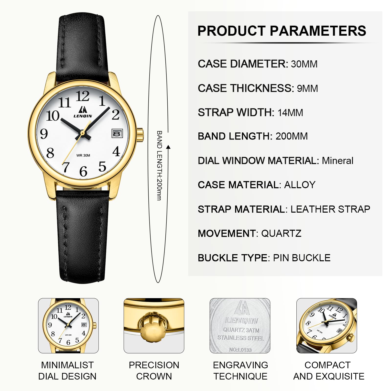 LN LENQIN Ladies Watches Analog Quartz Watch for Women Waterproof Women's Wrist Watches Easy Reader Womens Watch with Leather Strap