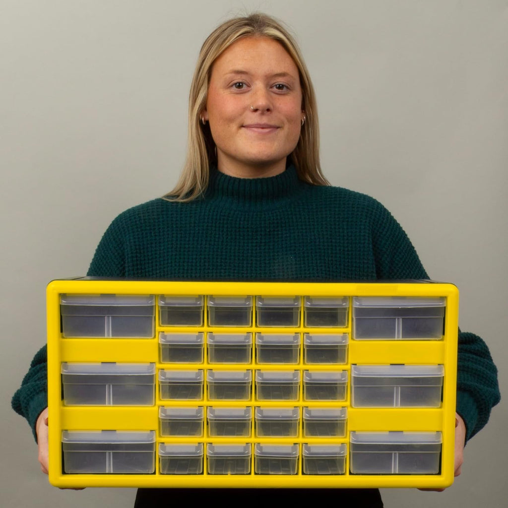 Akro-Mils 26-Drawer Plastic Drawer Storage Cabinet for Garage Organization, Bead Organizer, Building Bricks Storage, Teacher Toolbox, Makeup Organizer, 20" W x 6" D x 10" H, 10126 Yellow