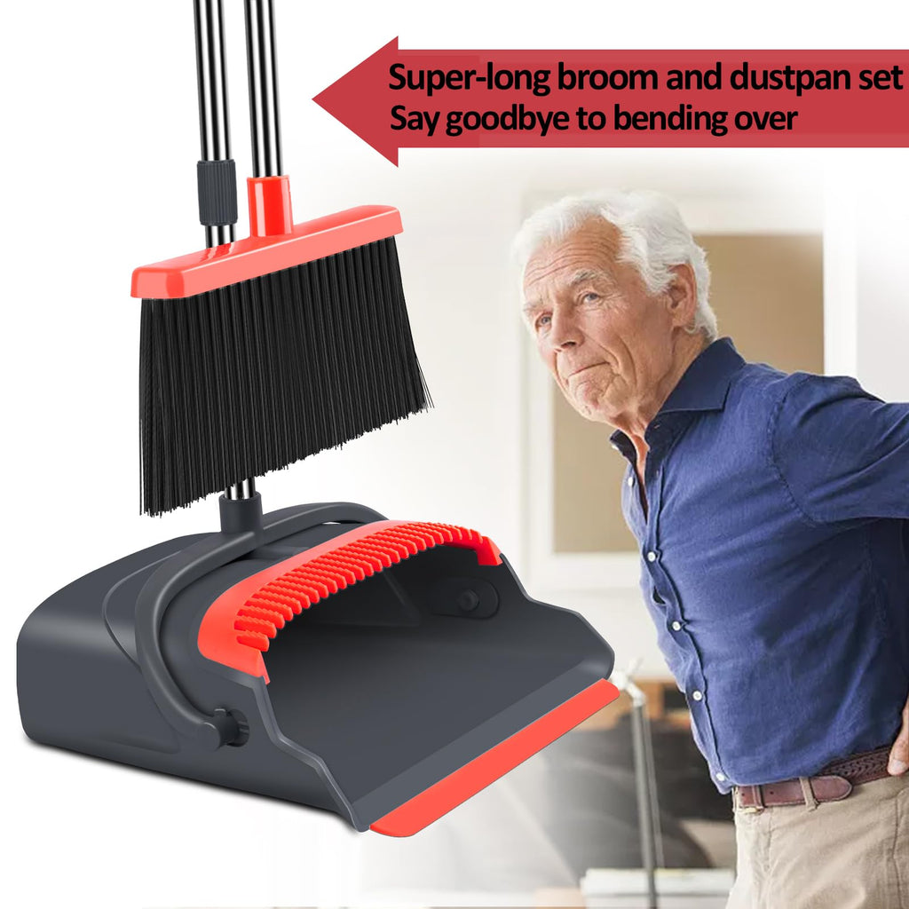 Upgrade Broom and Dustpan Set, Large Size and with Long Handle, Upright,Ideal for Indoor Outdoor Garage Kitchen Room Office Lobby Use (Green)