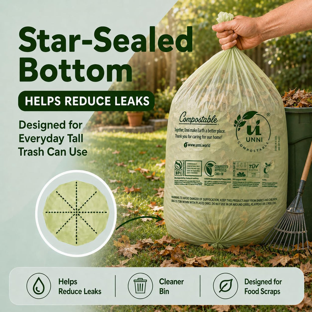 UNNI Compostable Trash Bags, 2.6 Gallon / 9.84 Liter, 100 Count, Extra Thick 0.71 Mil Small Kitchen Food Scrap Bin Liners, Certified by BPI, CMA & OK compost HOME, Meets the ASTM D6400 Standard