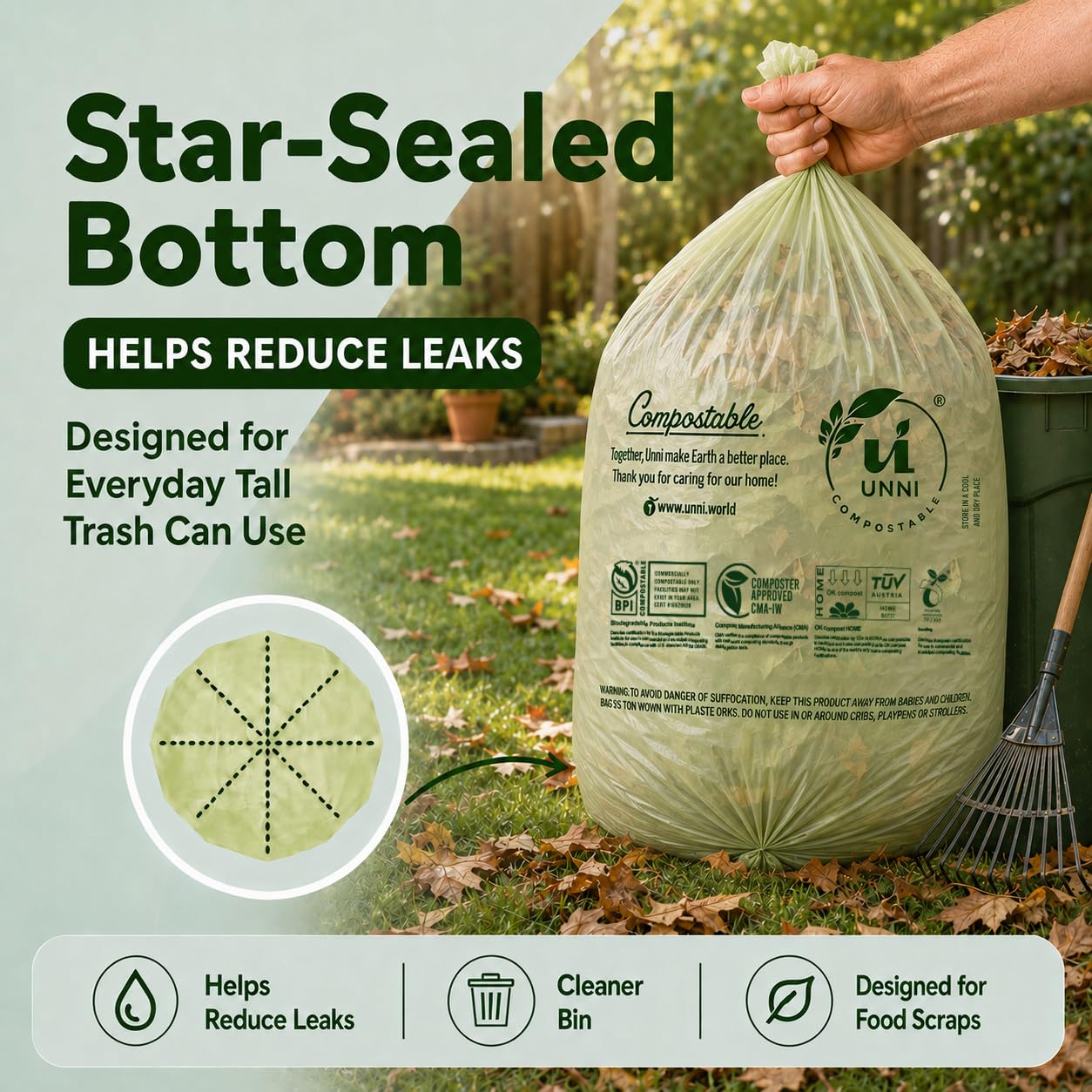 UNNI Compostable Trash Bags, 2.6 Gallon / 9.84 Liter, 100 Count, Extra Thick 0.71 Mil Small Kitchen Food Scrap Bin Liners, Certified by BPI, CMA & OK compost HOME, Meets the ASTM D6400 Standard