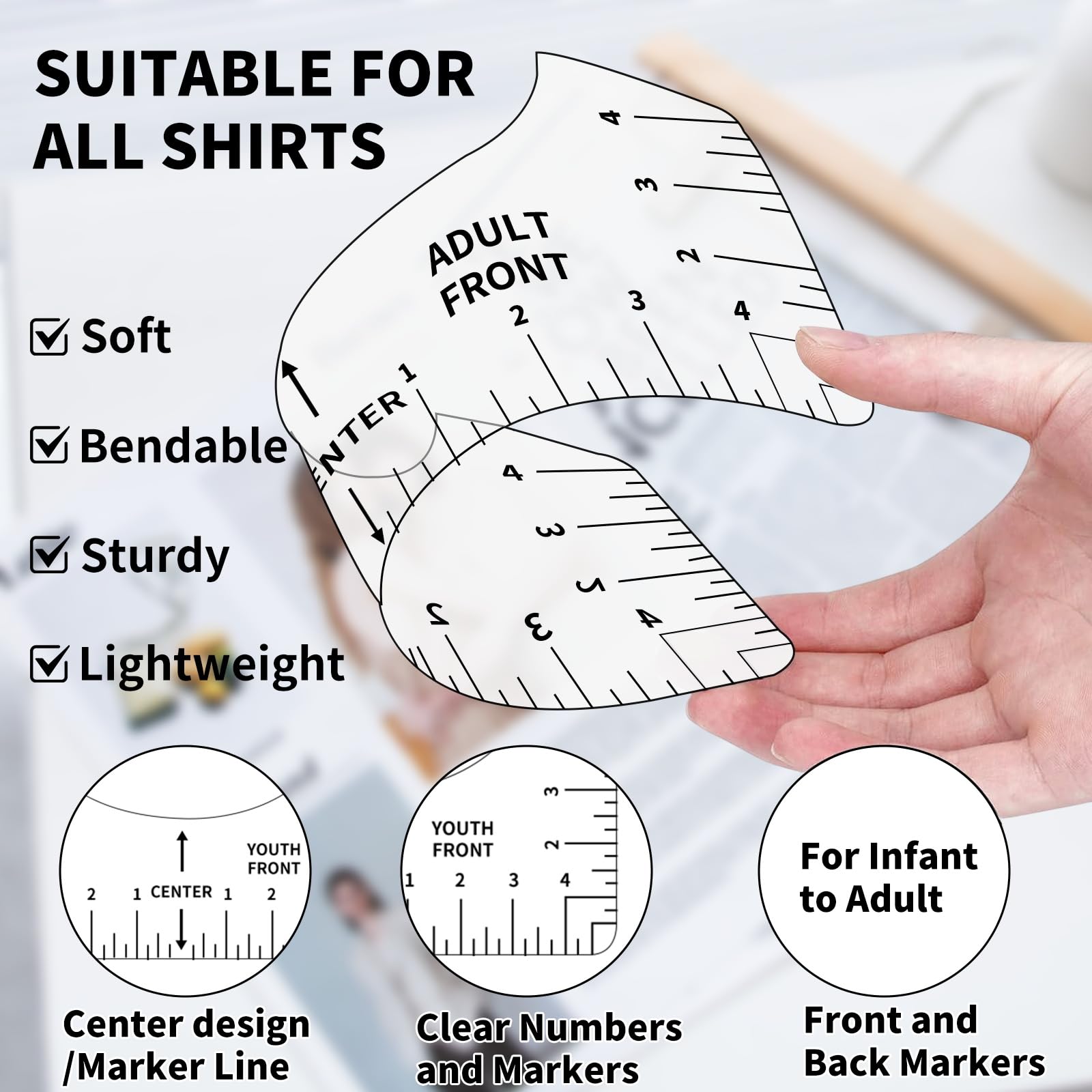9Pcs Tshirt-Ruler Guide to Center Vinyl, Transparent V-Neck/Round PVC Ruler for Alignment, Heat Press, Children Youth Adult, Front and Back Measurement (10in)
