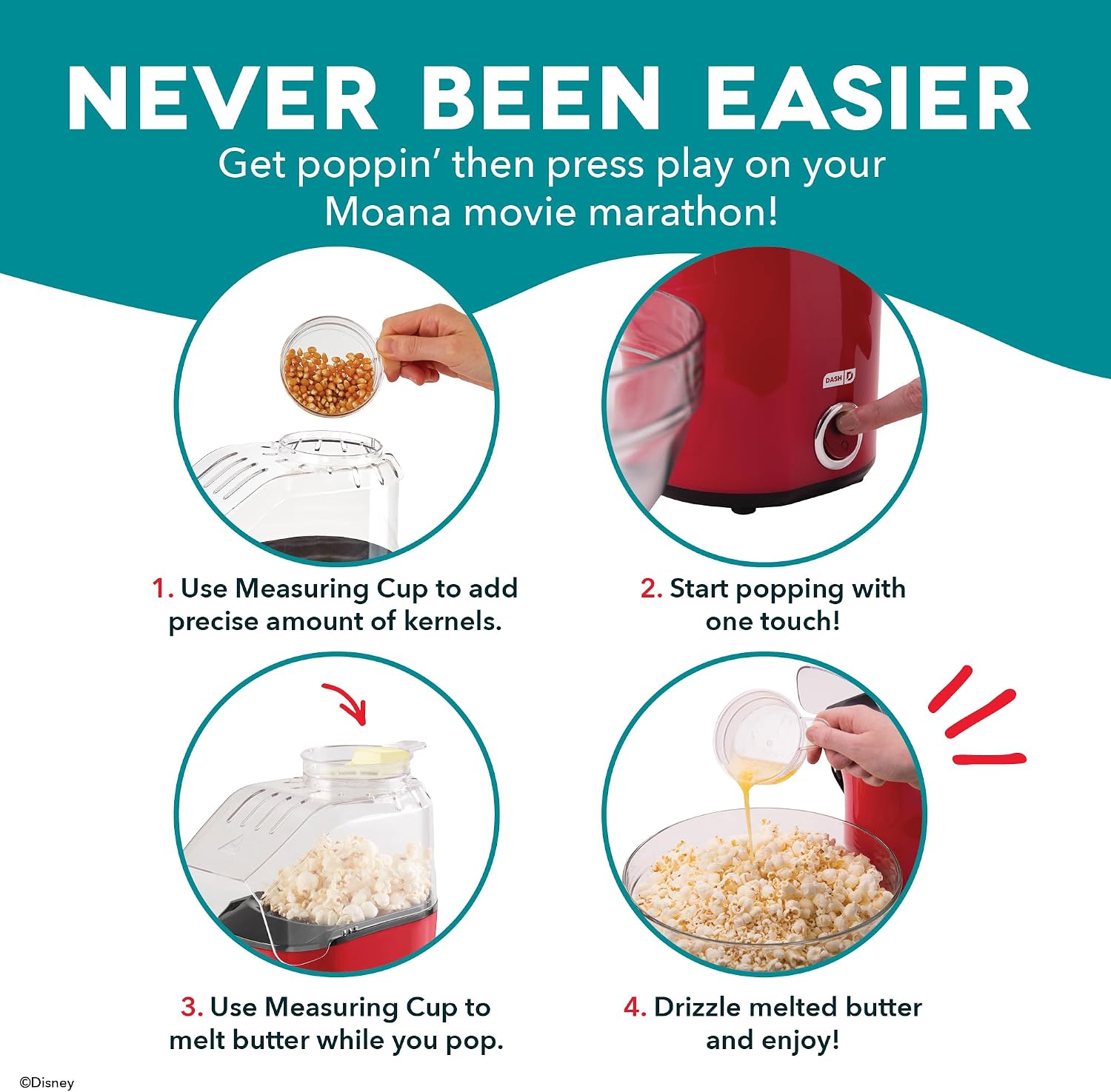 DASH Fresh Pop Popcorn Maker - Oil-Free, Air Popcorn Popper - With Measuring Cup & Recipe Guide - Perfect for Movie Nights - 16 Cups, Aqua