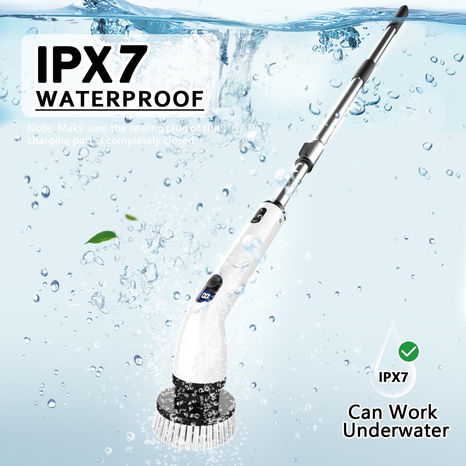 TUYU Electric Spin Scrubber,IPX7 Full-Body Waterproof Cordless Cleaning Tool, LCD Battery Indicator, Adjustable Extension Handle, 90-Minute Runtime for Bathroom, Kitchen, Glass, Car