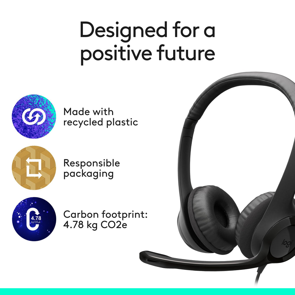 Logitech H390 Wired Headset for PC/Laptop, Stereo Headphones with Noise Cancelling Microphone, USB-A, in-Line Controls, Works with Chromebook - Black