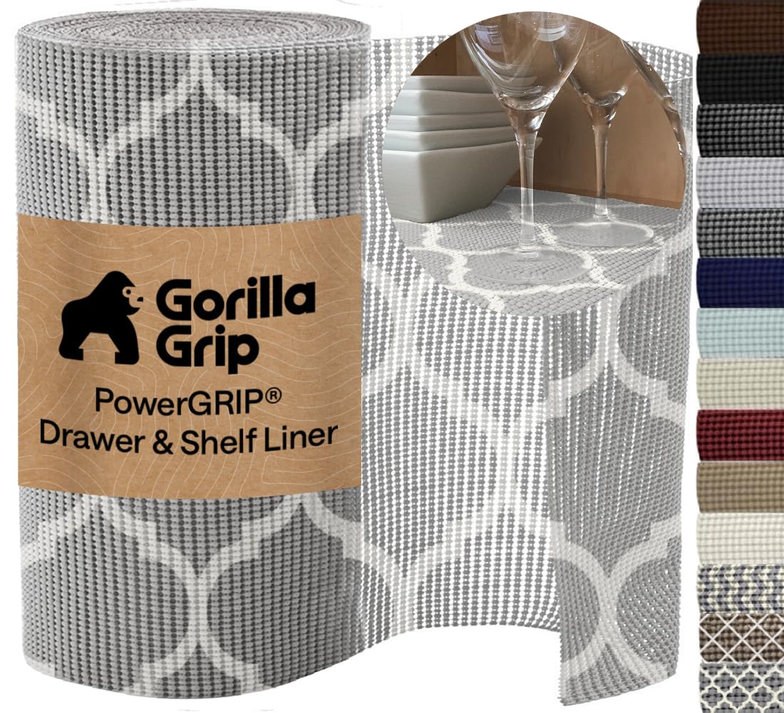 GORILLA GRIP powerGRIP Drawer Shelf and Cabinet Liner, Thick Strong Hold, Non-Adhesive Liners Protect Kitchen Cabinets and Cupboard, Bathroom Drawers, Easy Install Mat, 12" x20', Beige