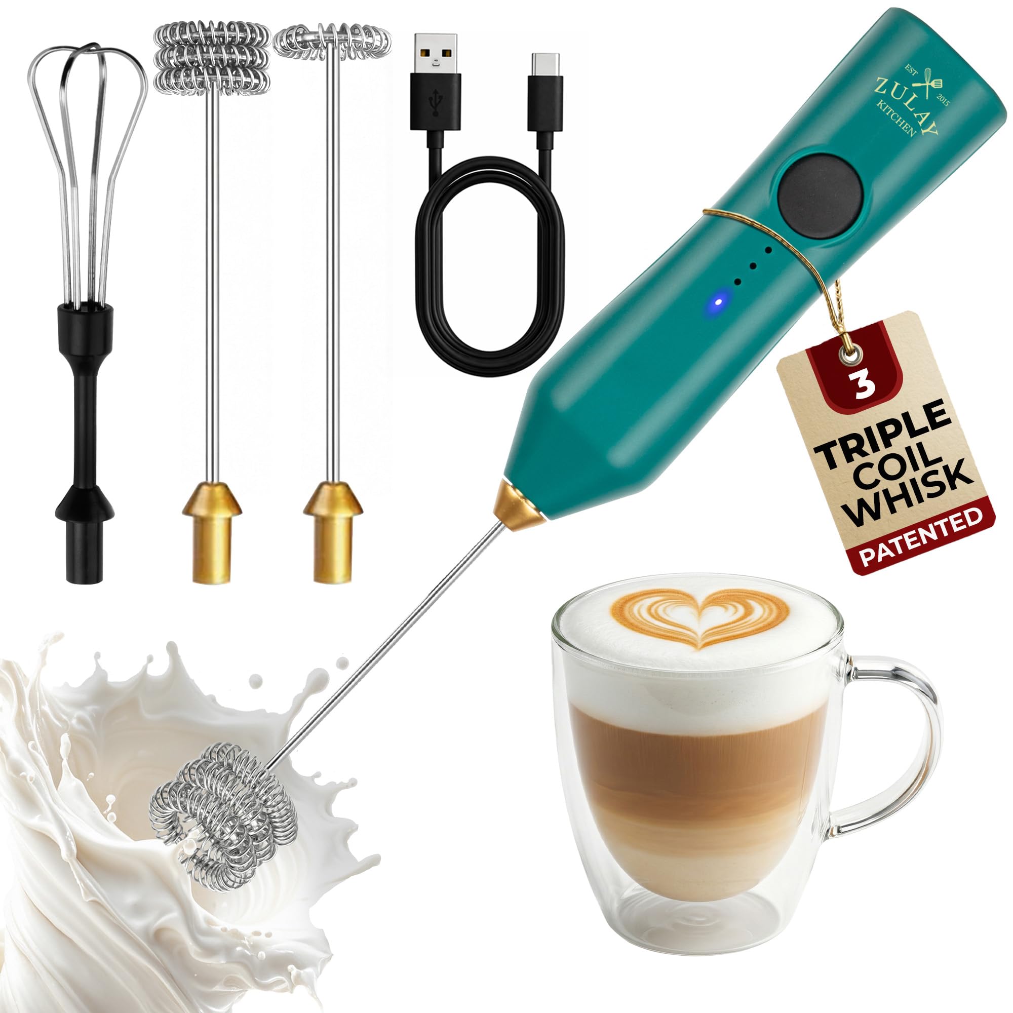 Zulay Kitchen Powerful Milk Frother Wand With Duracell Batteries - Ultra Fast Handheld Drink Mixer - Electric Whisk Foam Maker for Coffee, Lattes, Cappuccino & Matcha - Z1 Motor - Black
