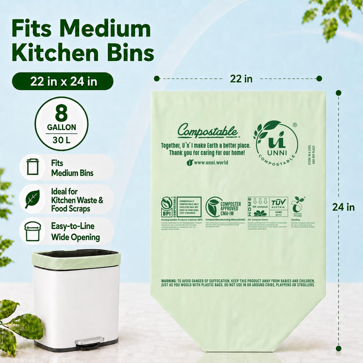 UNNI Compostable Trash Bags, 2.6 Gallon / 9.84 Liter, 100 Count, Extra Thick 0.71 Mil Small Kitchen Food Scrap Bin Liners, Certified by BPI, CMA & OK compost HOME, Meets the ASTM D6400 Standard