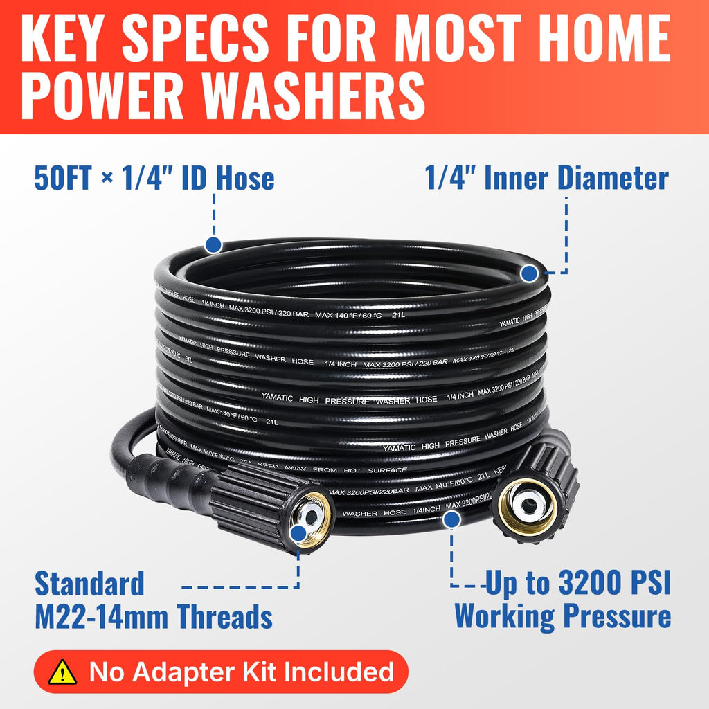 YAMATIC Pressure Washer Hose 50FT x 1/4", 3200 PSI Kink Resistant Power Washer Replacement Hose, M22-14mm Female Brass Fittings for Ryobi Troy-Bilt Greenworks Craftsman