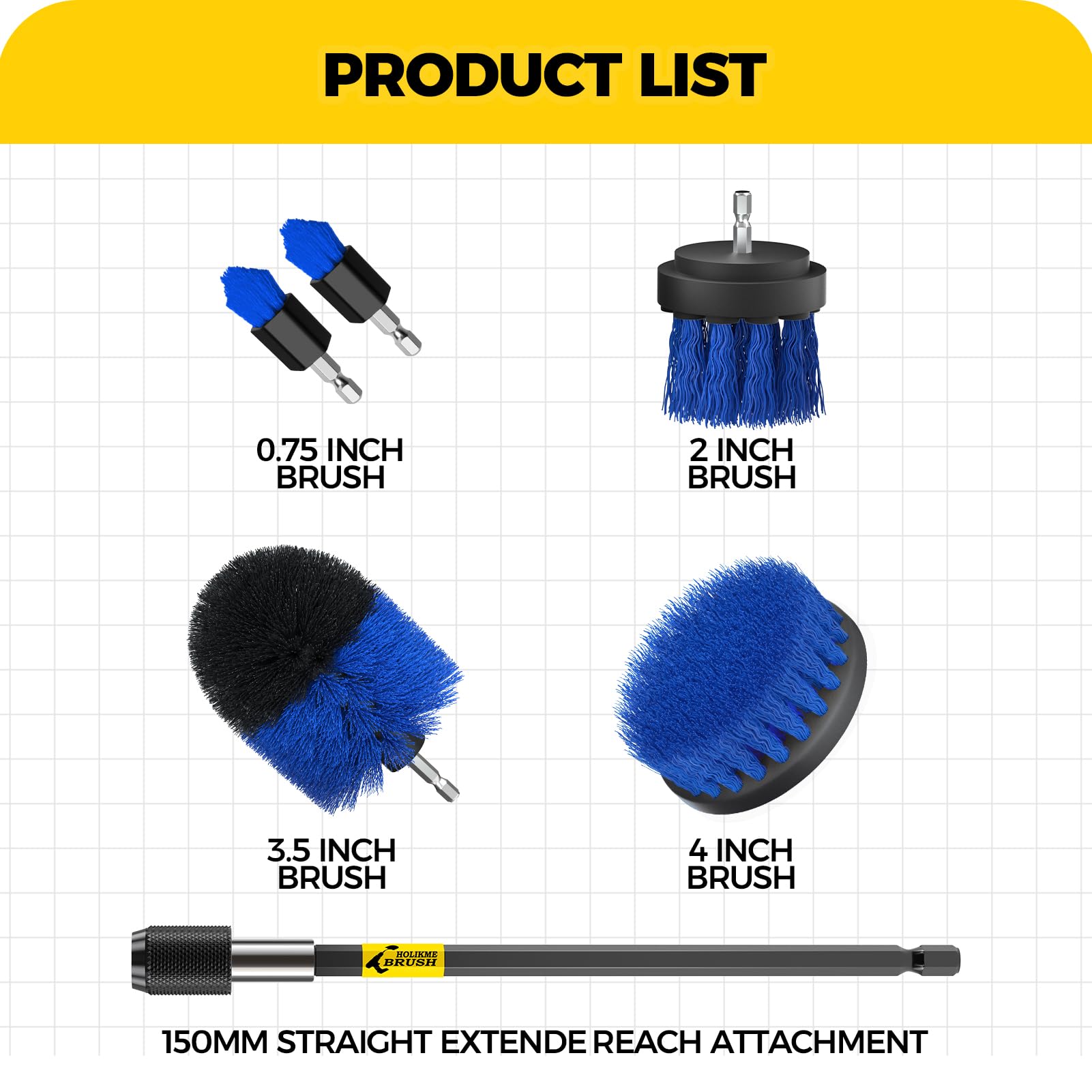 Holikme 6Pack Drill Brush Power Scrubber Cleaning Brush Extended Long Attachment Set All Purpose Drill Scrub Brushes Kit for Grout, Floor, Tub, Bathroom and Kitchen Surface,Scratch Brushes（Yellow）
