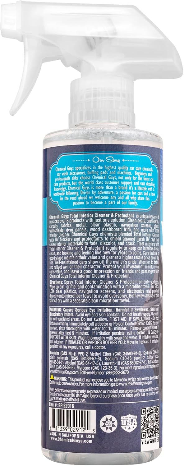 Chemical Guys Total Interior Cleaner & Protectant Interior Cleaner, Cleans & Protects Leather, Vinyl, Plastic, Rubber, Glass with a Streak-Free Finish — Cars, Trucks, SUVs, RVs, 16 oz