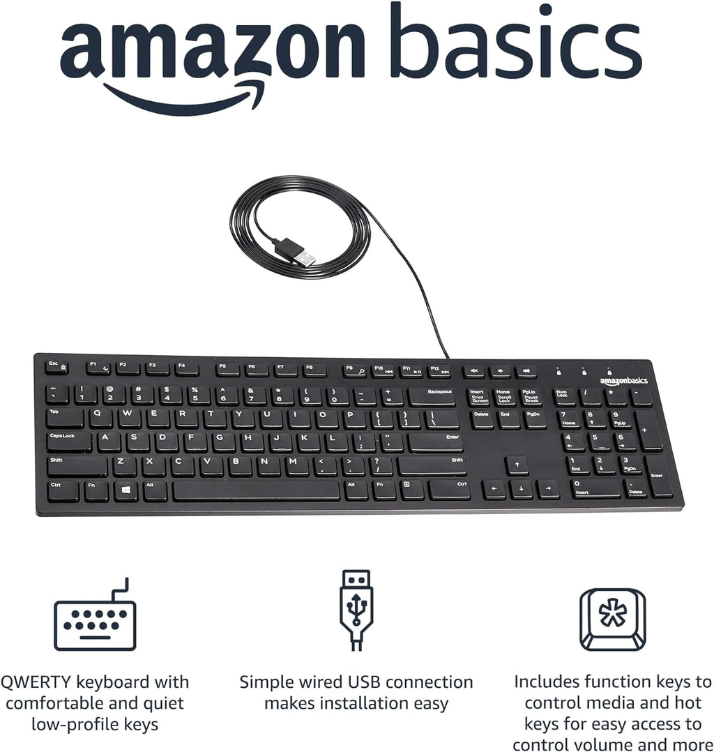 Amazon Basics Teclado QWERTY con cable, tamaño completo, negro