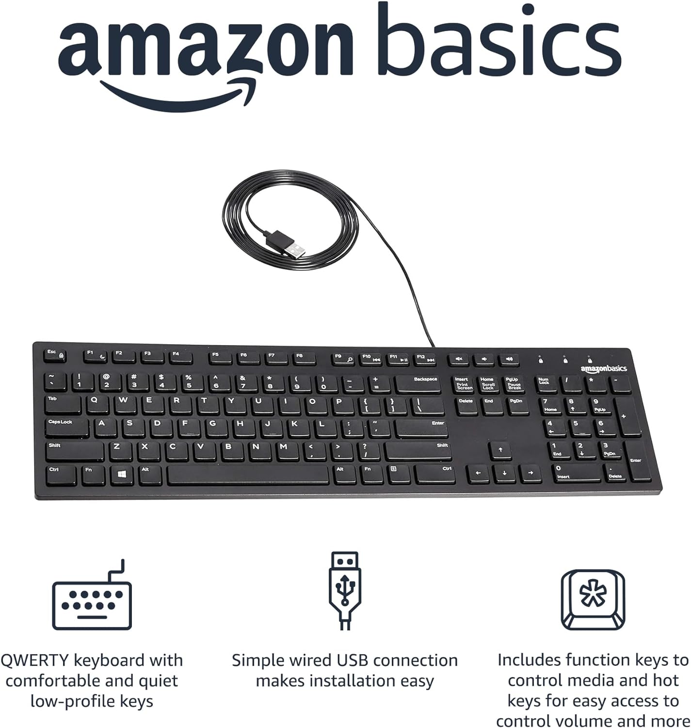 Amazon Basics Teclado QWERTY con cable, tamaño completo, negro