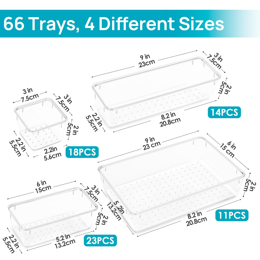 Vtopmart 25 PCS Clear Plastic Drawer Organizers Set, 4-Size Versatile Bathroom and Vanity Drawer Organizer Trays, Storage Bins for Makeup, Bedroom, Kitchen Gadgets Utensils and Office