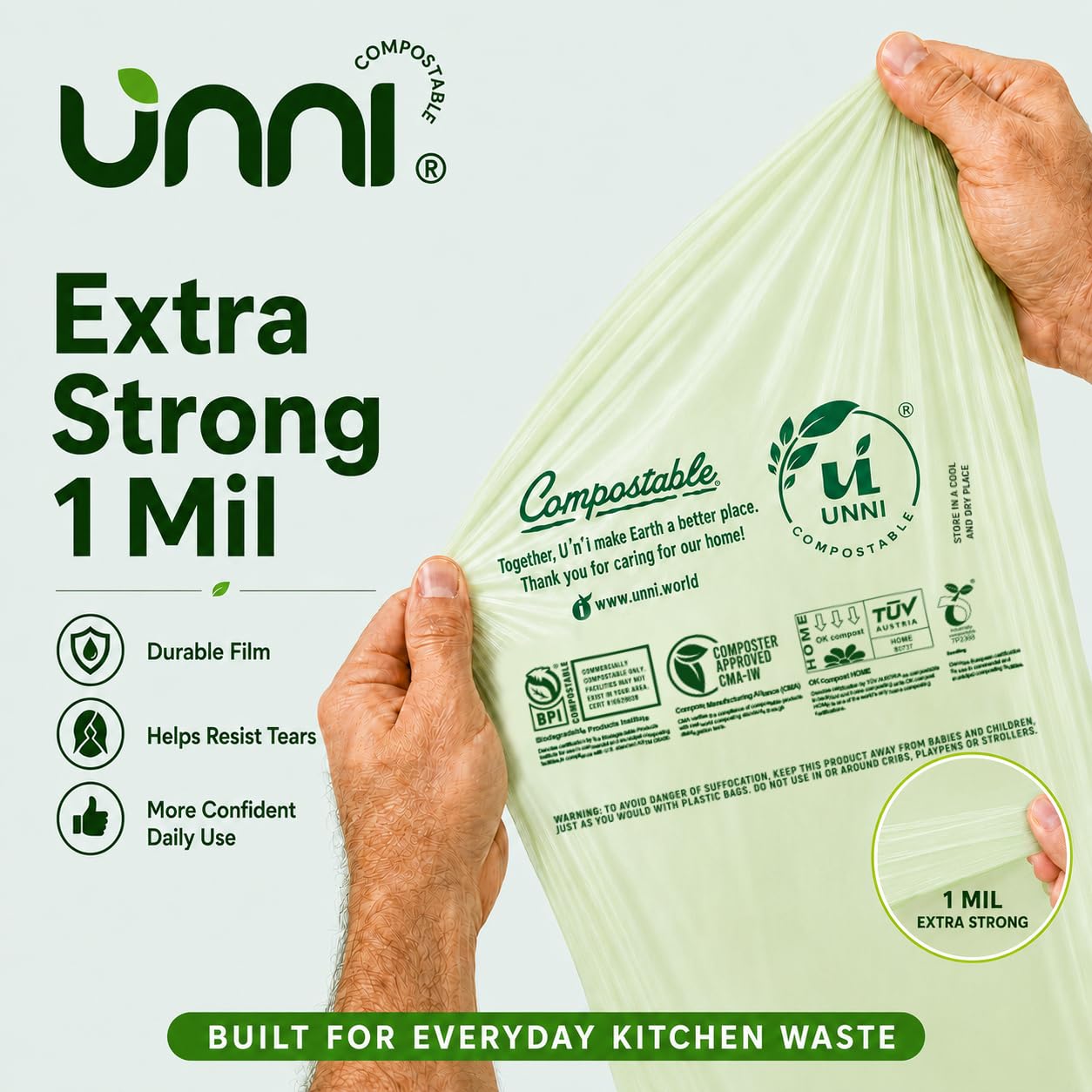 UNNI Compostable Trash Bags, 2.6 Gallon / 9.84 Liter, 100 Count, Extra Thick 0.71 Mil Small Kitchen Food Scrap Bin Liners, Certified by BPI, CMA & OK compost HOME, Meets the ASTM D6400 Standard