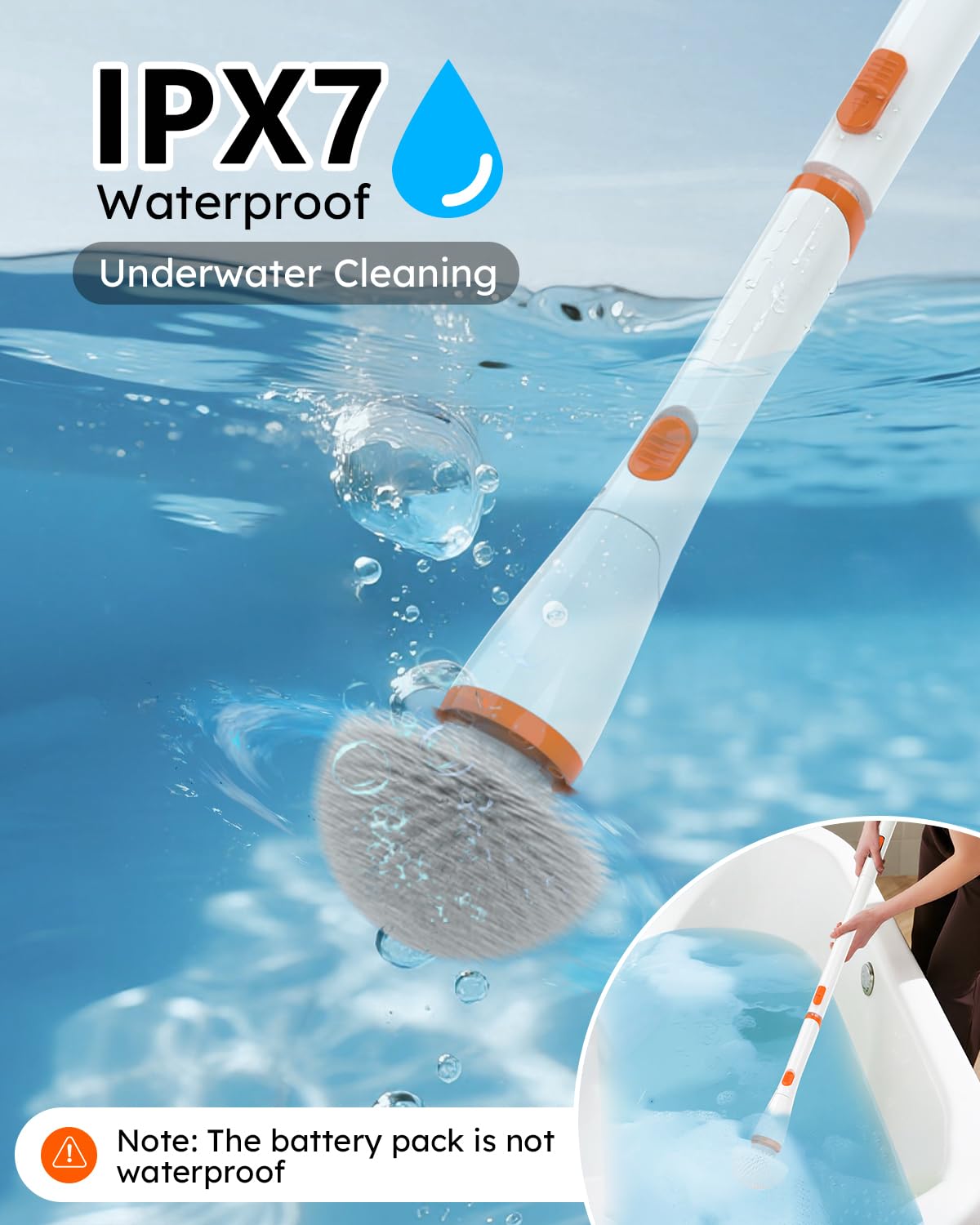 TUYU Electric Spin Scrubber,IPX7 Full-Body Waterproof Cordless Cleaning Tool, LCD Battery Indicator, Adjustable Extension Handle, 90-Minute Runtime for Bathroom, Kitchen, Glass, Car