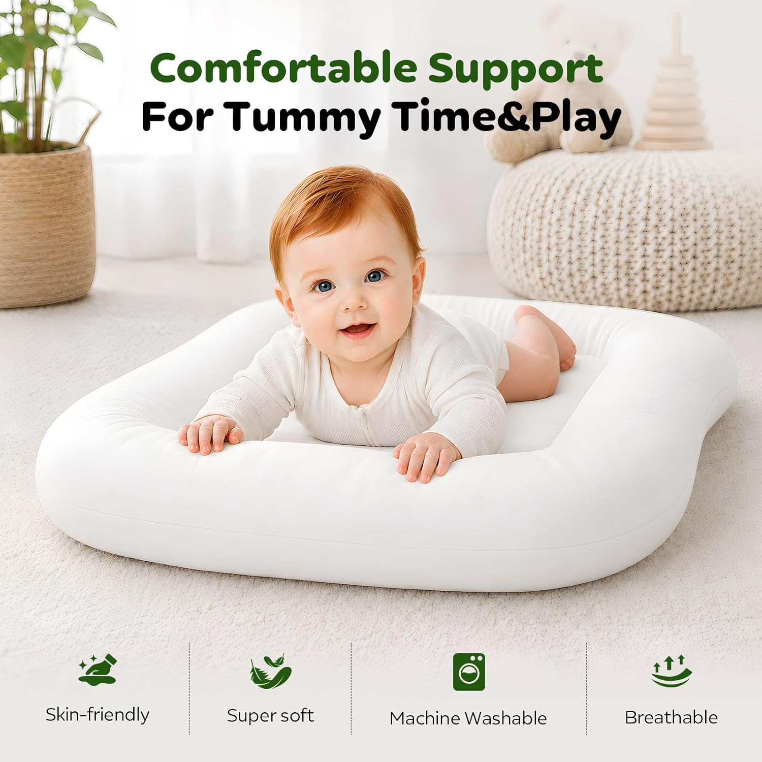 Baby Lounger for Newborns 0-24 Months - Baby Essentials | Soft Breathable Cotton Infant Support Cushion for Tummy Time & Play, Portable Infant Lounger - Cloud White (Cover Included)