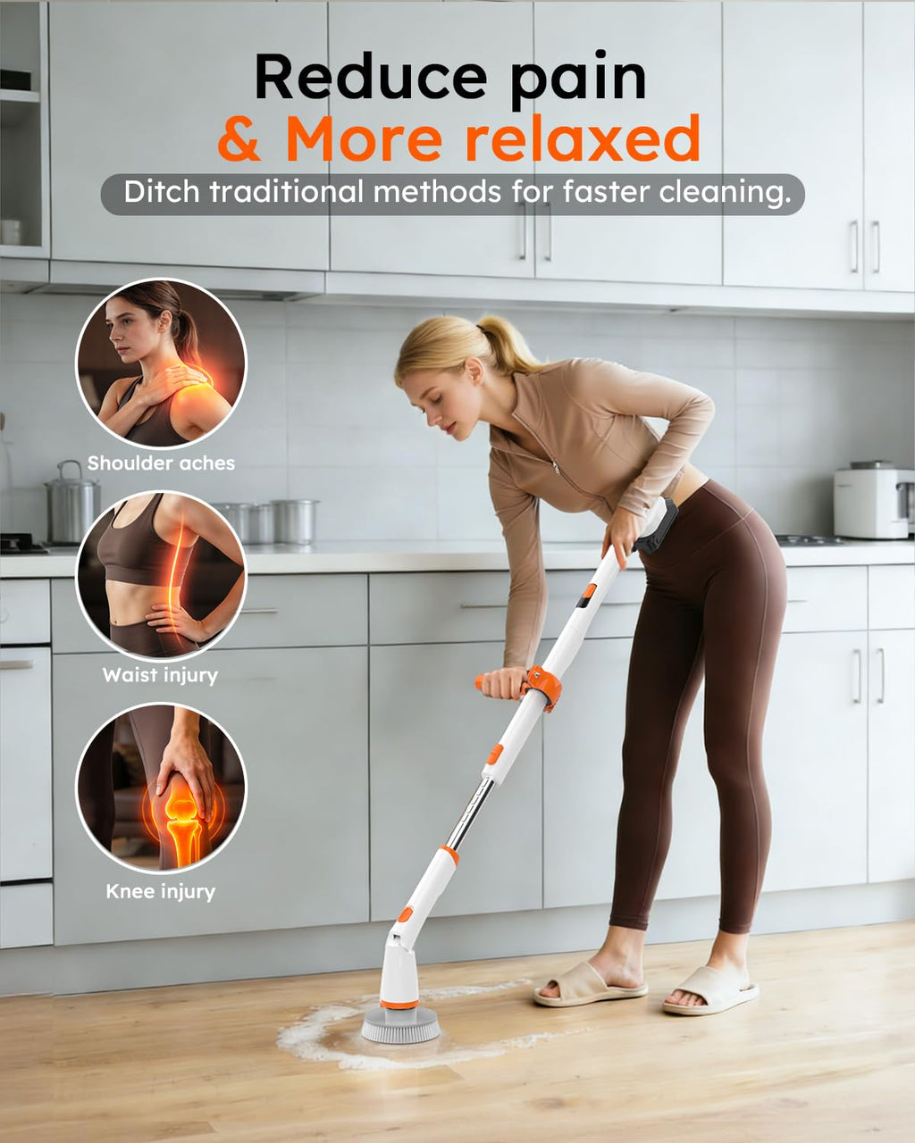 TUYU Electric Spin Scrubber,IPX7 Full-Body Waterproof Cordless Cleaning Tool, LCD Battery Indicator, Adjustable Extension Handle, 90-Minute Runtime for Bathroom, Kitchen, Glass, Car