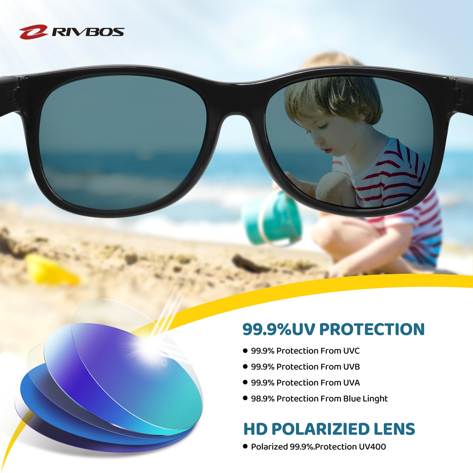 RIVBOS Kids Sunglasses Polarized UV Protection Flexible Rubber Glasses Shades with Strap for Boys Girls RBK004