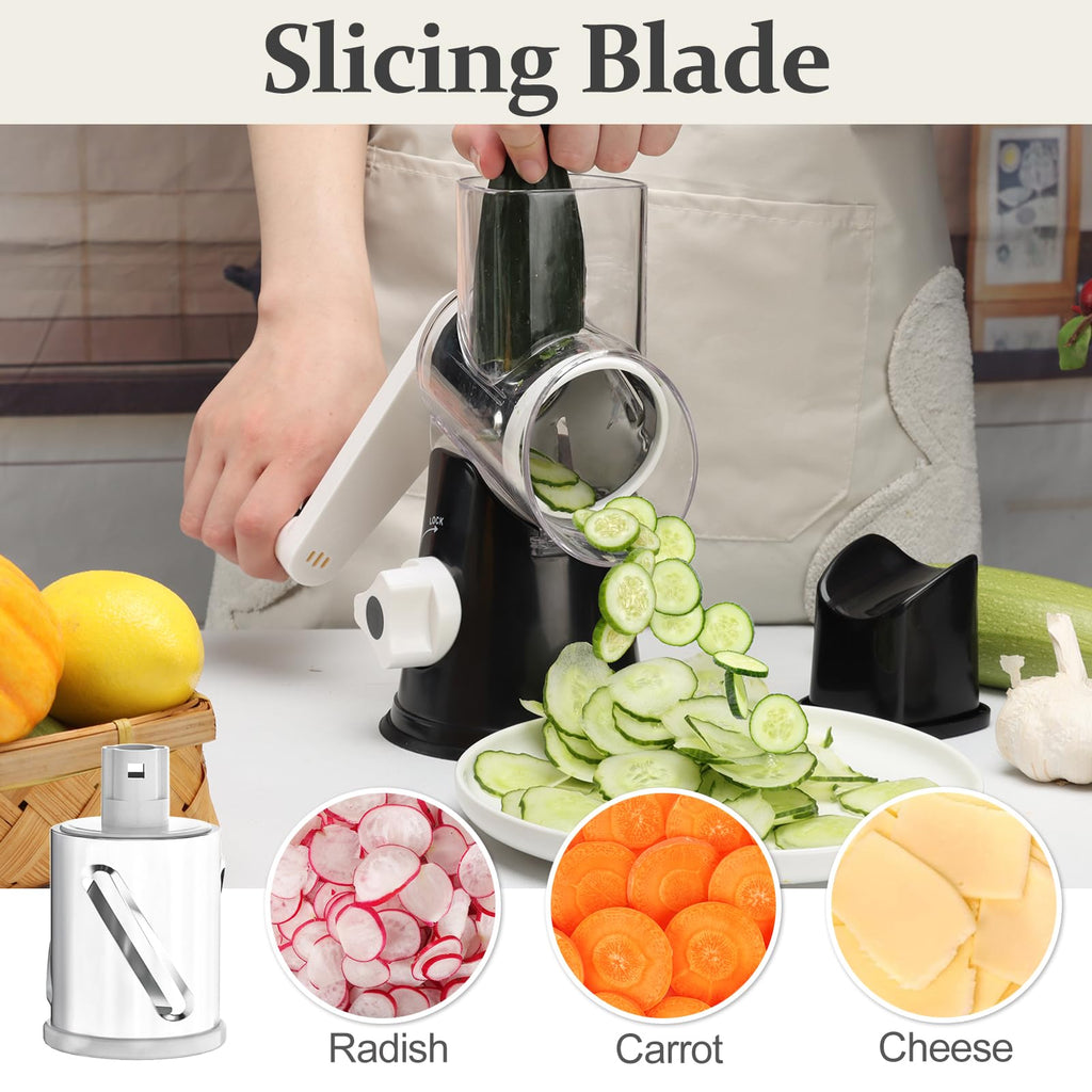 Cambom Rotary Cheese Grater Hand Crank Cheese Shredder for Fresh Cheese, Vegetable, Nuts,Non-slip Suction Base, Three Blades, Black