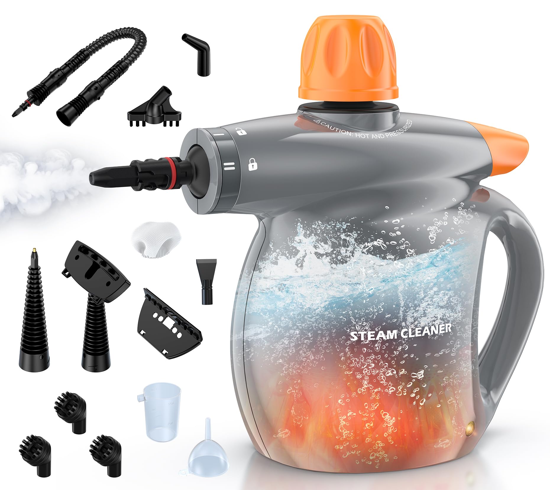 Steam Cleaner, Pressurized Handheld 13pcs Multi-Purpose Natural Deep Cleaning Steamer, Portable Steamer for Cleaning Home, Grout, Kitchen, Car, Window, Upholstery, Bathroom and Clothes, White