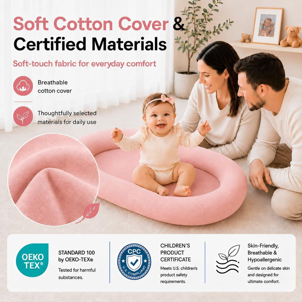 Baby Lounger for Newborns 0-24 Months - Baby Essentials | Soft Breathable Cotton Infant Support Cushion for Tummy Time & Play, Portable Infant Lounger - Cloud White (Cover Included)