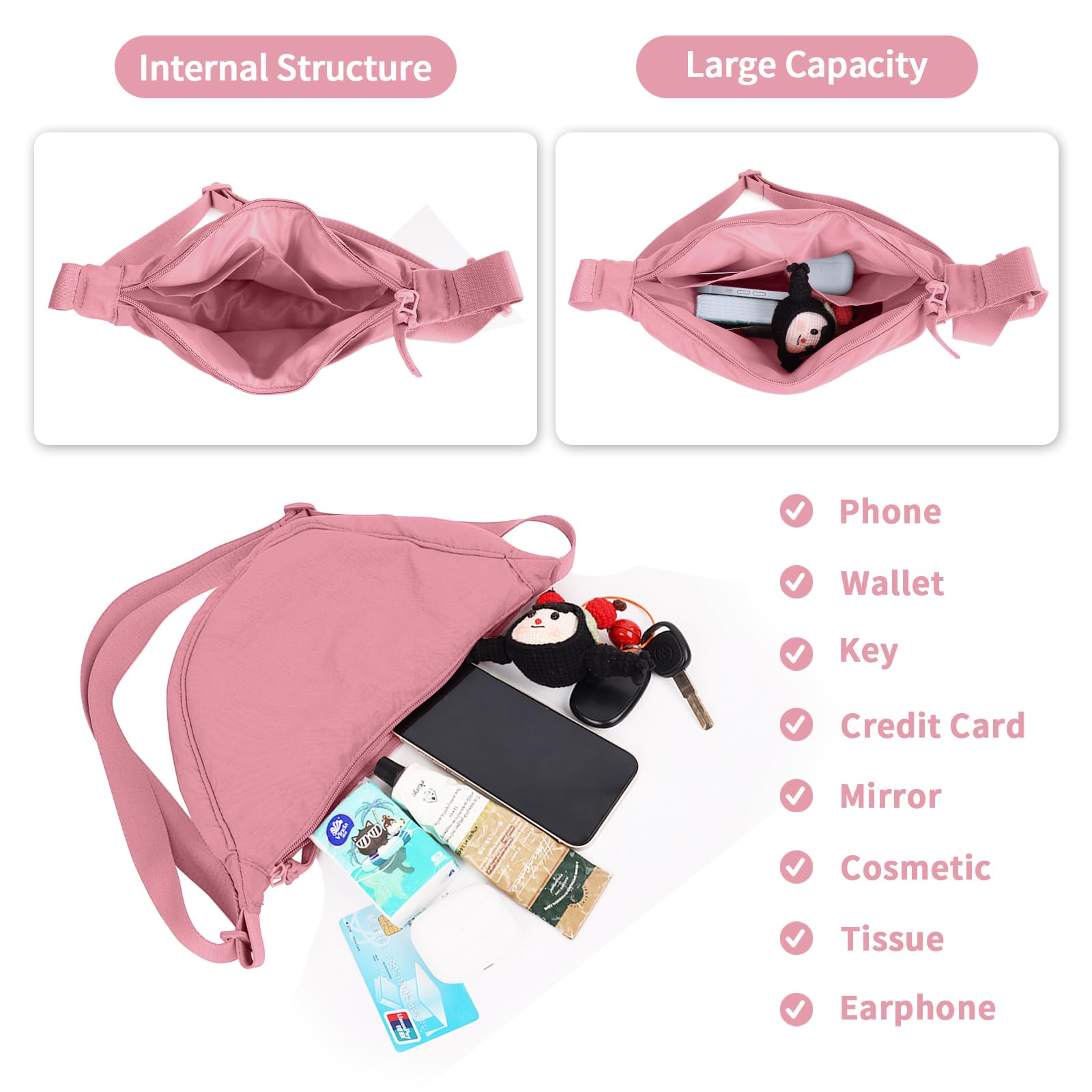 Nylon Crescent Crossbody Bag for Women Purses Trendy Men,Small Travel Sling Bag Hobo