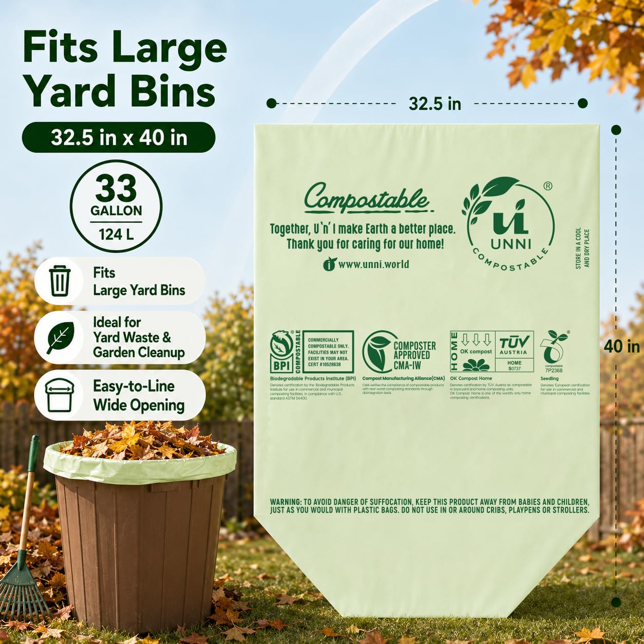 UNNI Compostable Trash Bags, 2.6 Gallon / 9.84 Liter, 100 Count, Extra Thick 0.71 Mil Small Kitchen Food Scrap Bin Liners, Certified by BPI, CMA & OK compost HOME, Meets the ASTM D6400 Standard