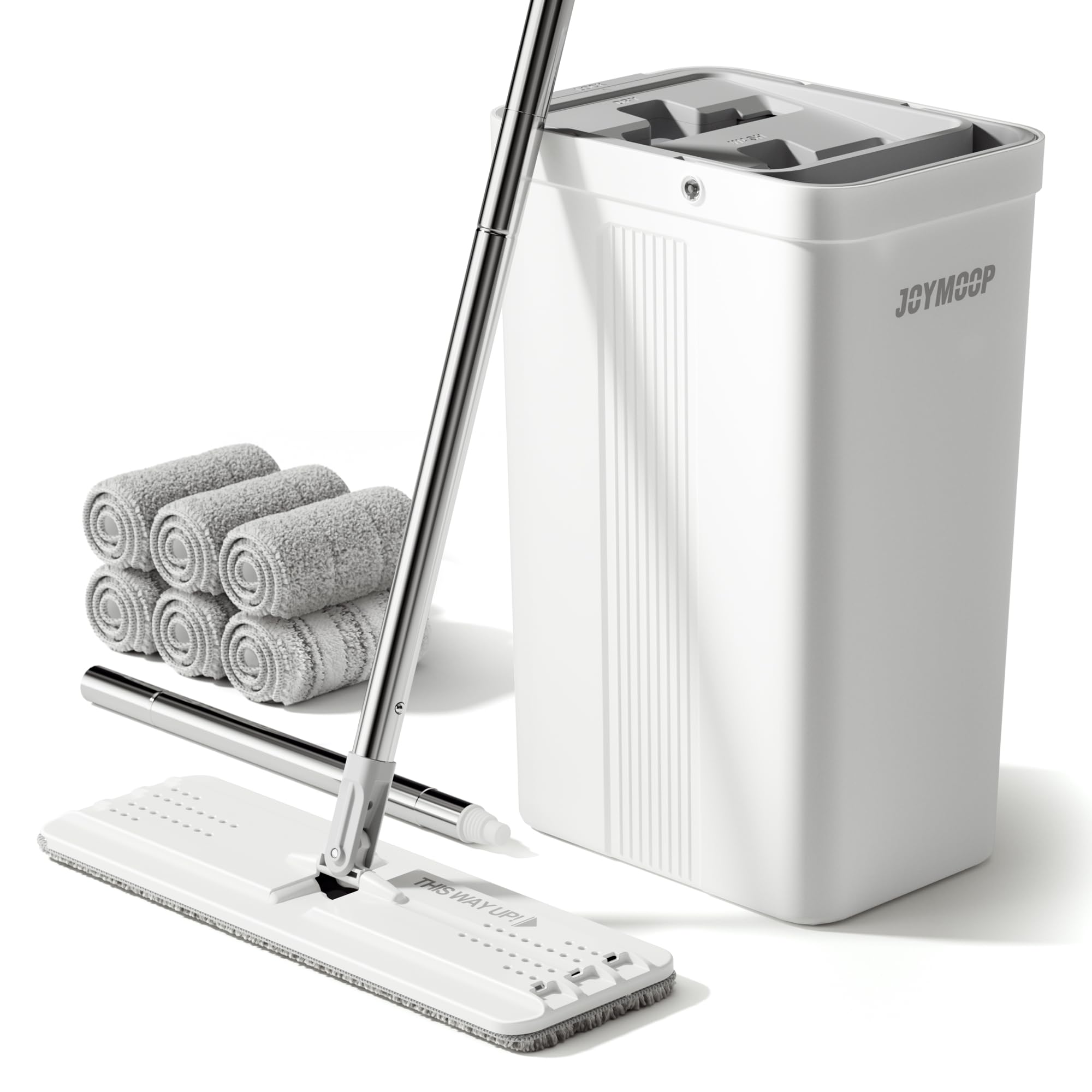 JOYMOOP Mop and Bucket Set, Hands-Free Flat Floor Mop with 3 Washable Microfiber Pads, Wet and Dry Use, Ideal for Home and Commercial Floor Cleaning