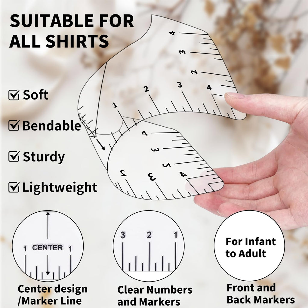 9Pcs Tshirt-Ruler Guide to Center Vinyl, Transparent V-Neck/Round PVC Ruler for Alignment, Heat Press, Children Youth Adult, Front and Back Measurement (10in)