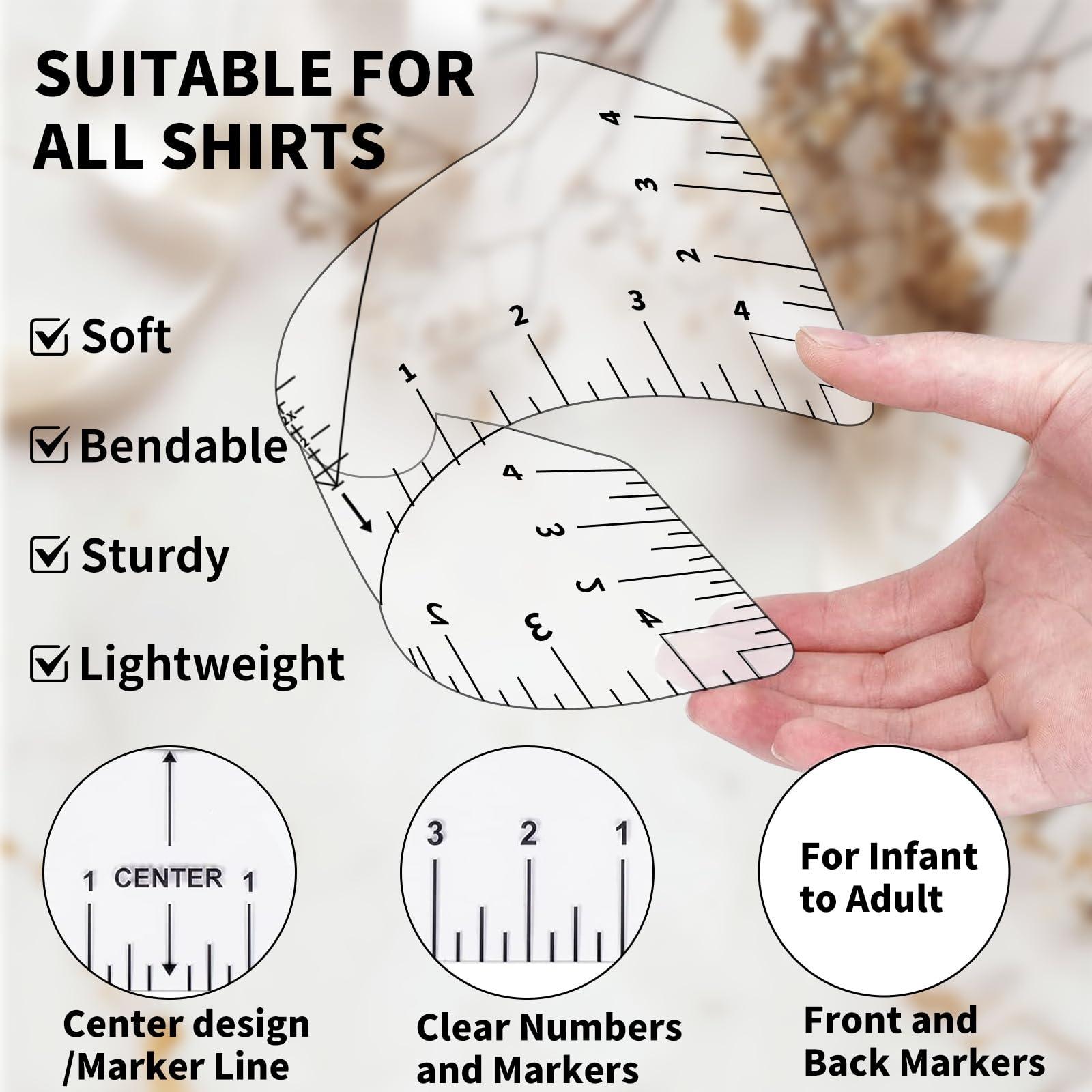 9Pcs Tshirt-Ruler Guide to Center Vinyl, Transparent V-Neck/Round PVC Ruler for Alignment, Heat Press, Children Youth Adult, Front and Back Measurement (10in)