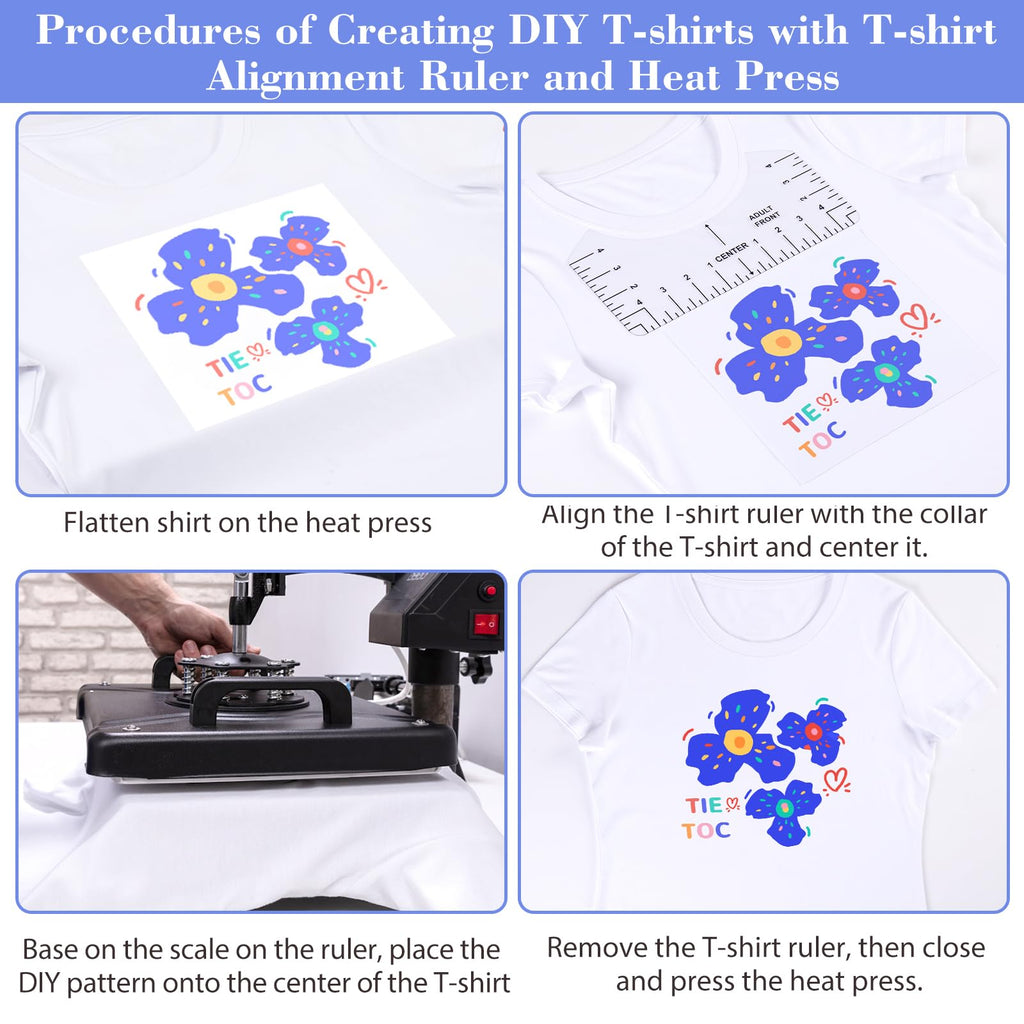 9Pcs Tshirt-Ruler Guide to Center Vinyl, Transparent V-Neck/Round PVC Ruler for Alignment, Heat Press, Children Youth Adult, Front and Back Measurement (10in)