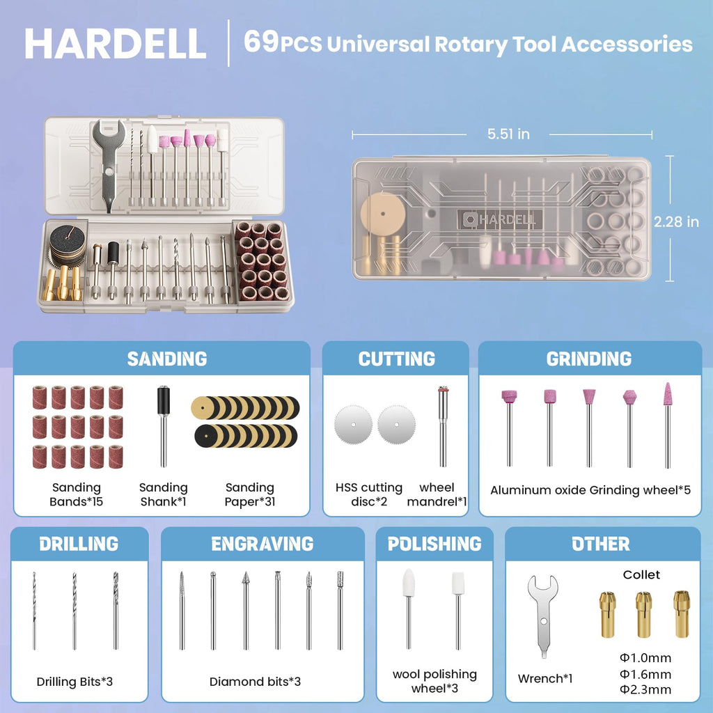 HARDELL Mini Cordless Rotary Tool, 5-Speed and USB Charging Rotary Tool Kit with 69 Accessories, Multi-Purpose 3.7V Power Rotary Tool for Sanding, Polishing, Drilling, Etching, Engraving, DIY Crafts