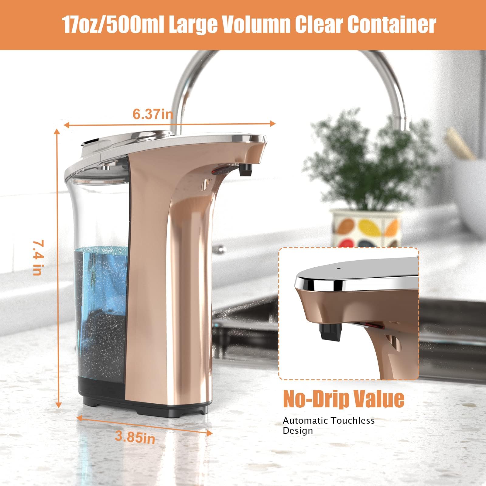 PZOTRUF Automatic Soap Dispenser, Touchless Dish Soap Dispenser 17oz/500ml with Infrared Sensor, 5 Adjustable Soap Dispensing Levels, Liquid Hand Dispenser for Bathroom Kitchen Sink (Silver)