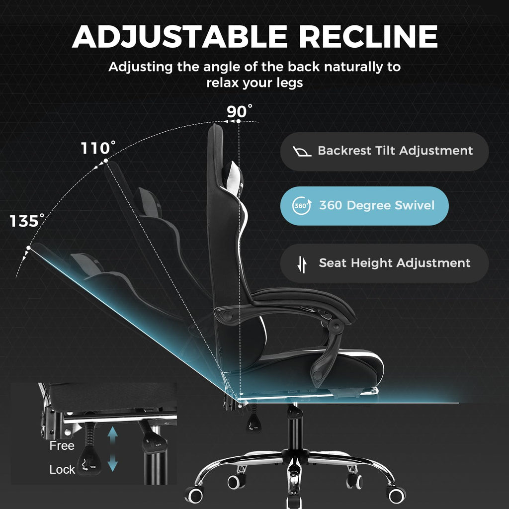 GTPLAYER Gaming Chair, Computer Chair with Footrest and Lumbar Support, Height Adjustable Game Chair with 360°-Swivel Seat and Headrest and for Office or Gaming (Pearl White)