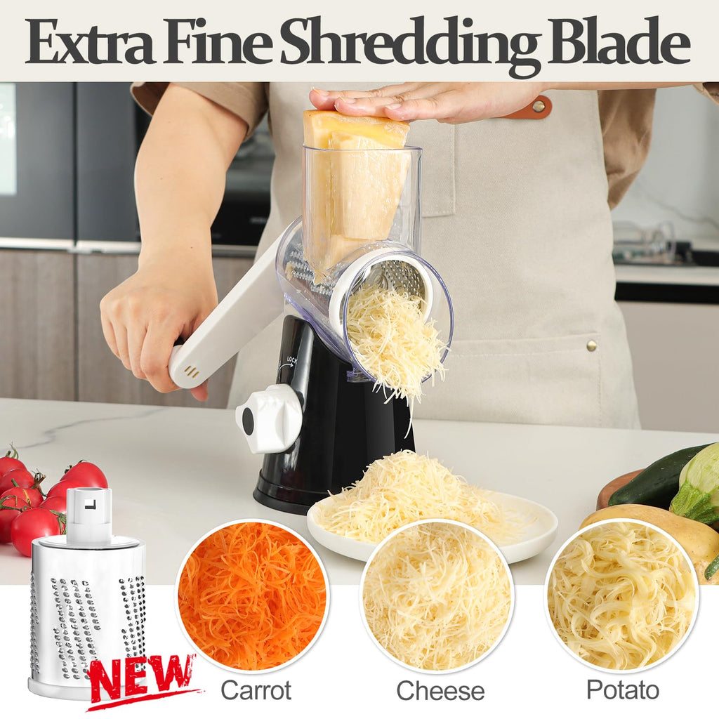 Cambom Rotary Cheese Grater Hand Crank Cheese Shredder for Fresh Cheese, Vegetable, Nuts,Non-slip Suction Base, Three Blades, Black