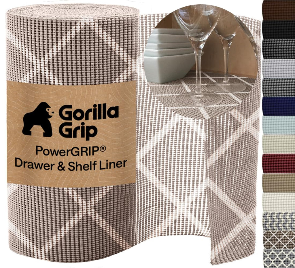 GORILLA GRIP powerGRIP Drawer Shelf and Cabinet Liner, Thick Strong Hold, Non-Adhesive Liners Protect Kitchen Cabinets and Cupboard, Bathroom Drawers, Easy Install Mat, 12" x20', Beige