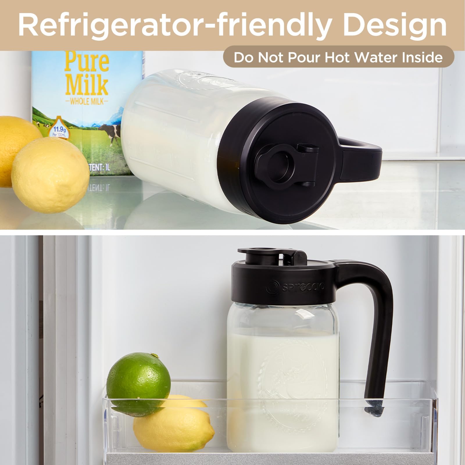 Mason Jar Pitcher - Airtight & Leakproof Glass Pitcher with Lid, Perfect for Breastmilk, Cold Brew, and Sun Tea, 2 Quart (64 oz) Mason Jar with Pour Spout Lid