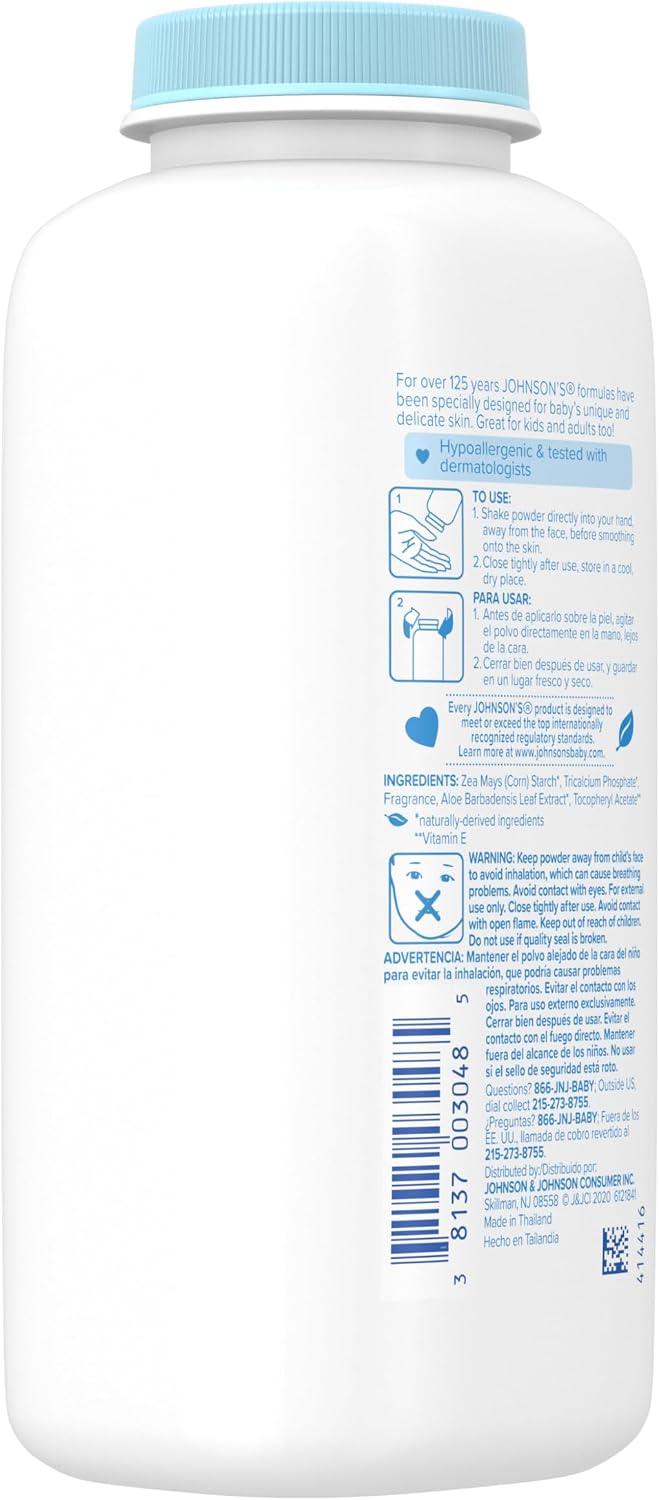 Johnson's Baby Cornstarch Baby Powder with Aloe and Vitamin E for Delicate Skin, Hypoallergenic, No Addded Parabens, and Dyes for Gentle Baby Skin Care, Baby Essentials, 1.5 oz