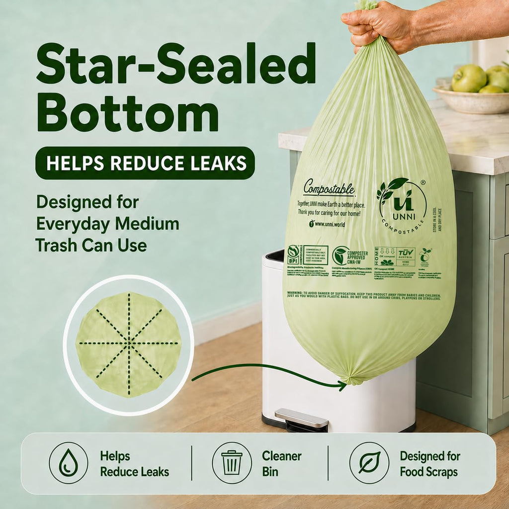 UNNI Compostable Trash Bags, 2.6 Gallon / 9.84 Liter, 100 Count, Extra Thick 0.71 Mil Small Kitchen Food Scrap Bin Liners, Certified by BPI, CMA & OK compost HOME, Meets the ASTM D6400 Standard
