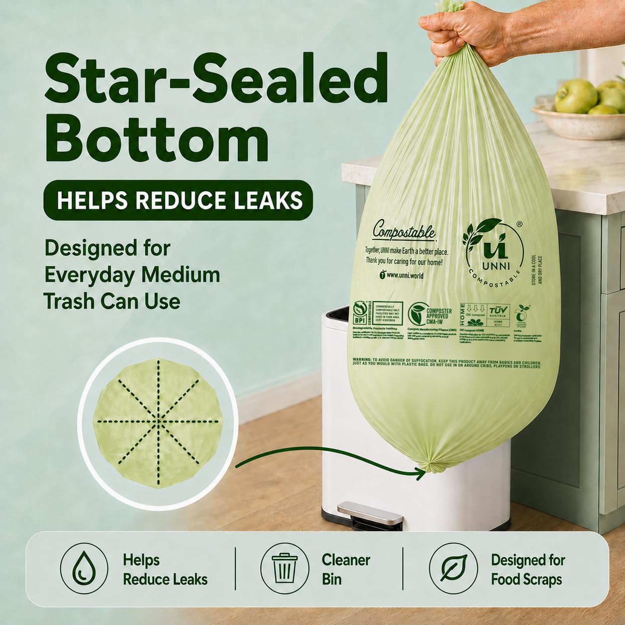 UNNI Compostable Trash Bags, 2.6 Gallon / 9.84 Liter, 100 Count, Extra Thick 0.71 Mil Small Kitchen Food Scrap Bin Liners, Certified by BPI, CMA & OK compost HOME, Meets the ASTM D6400 Standard