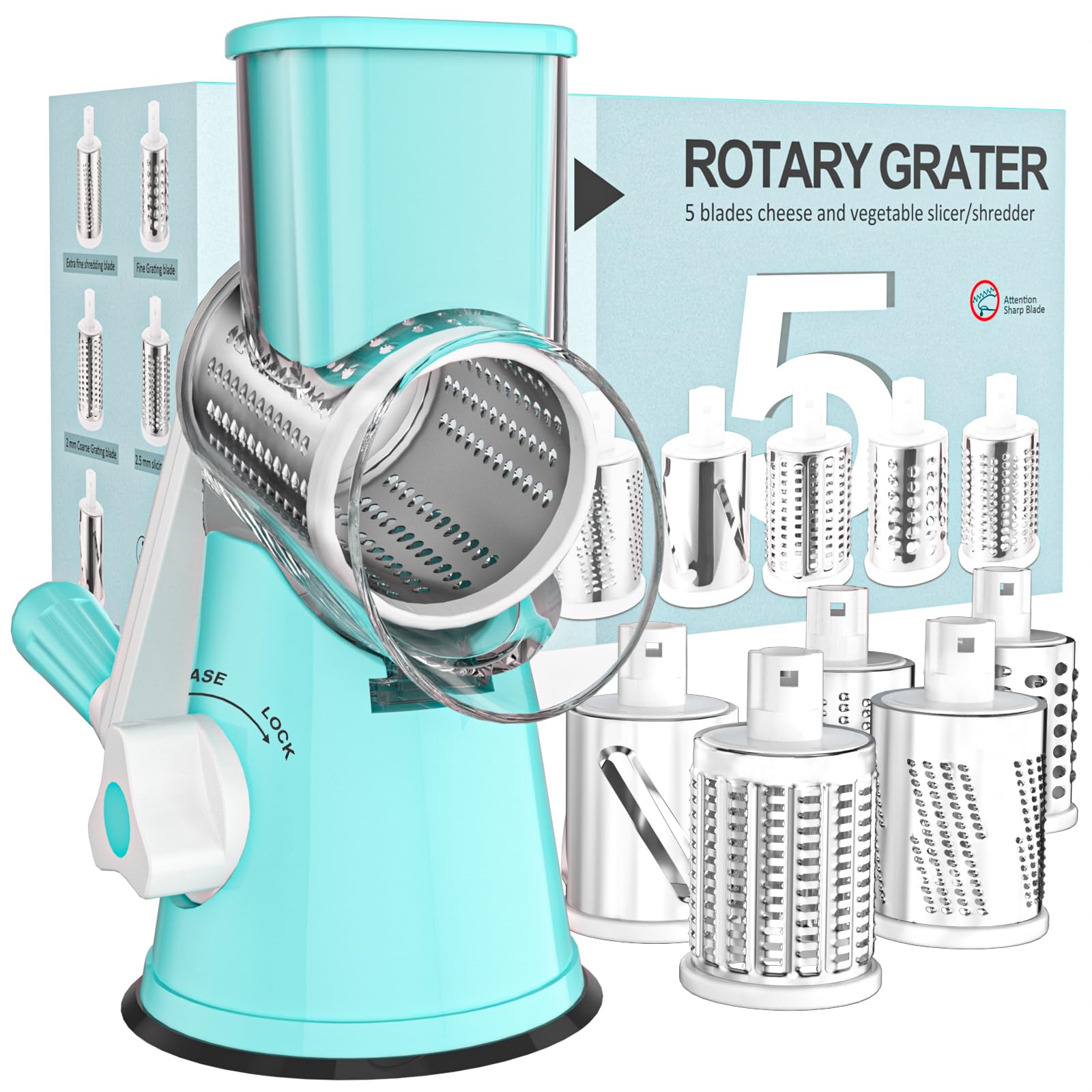 Cambom Rotary Cheese Grater Hand Crank Cheese Shredder for Fresh Cheese, Vegetable, Nuts,Non-slip Suction Base, Three Blades, Black