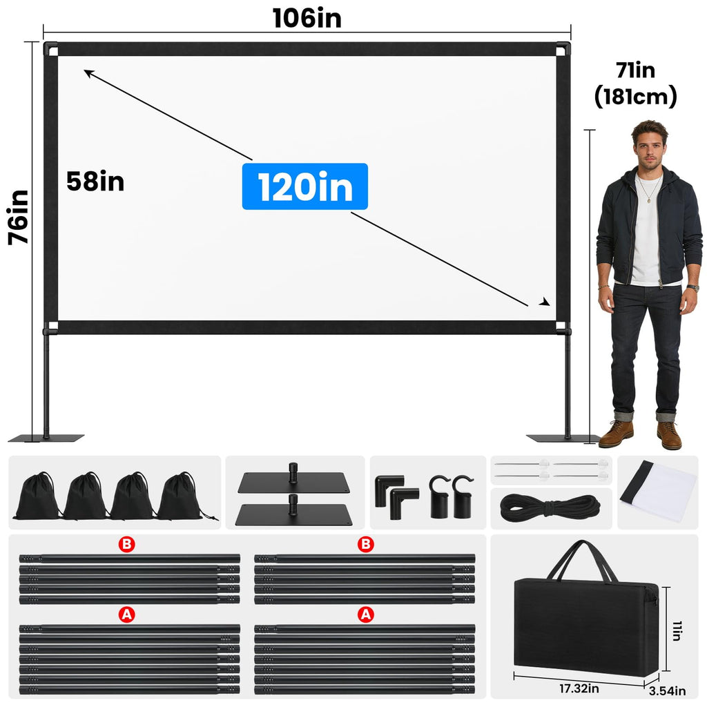 120inch Projector Screen with Stand: Portable Projector Screen Outdoor Indoor Front/Rear16:9 4K HD with Carry Bag Sandbag- Movie Screen for Backyard Moive Night, Camping, Theater