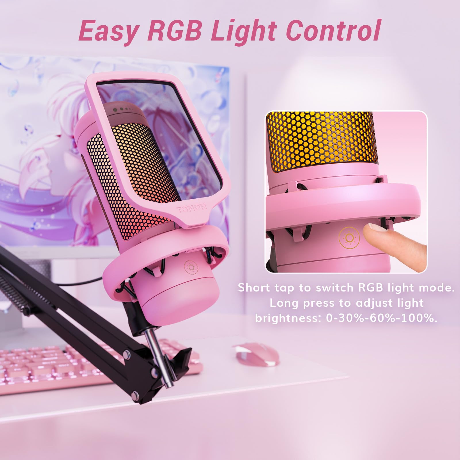 TONOR Gaming Microphone Set with Boom Arm, Vocal Condenser Microphone for PC with Stand, USB Mic with controllable RGB Light, One Tap Mute, Volume Control, for Discord, Twitch Streaming, TC310+