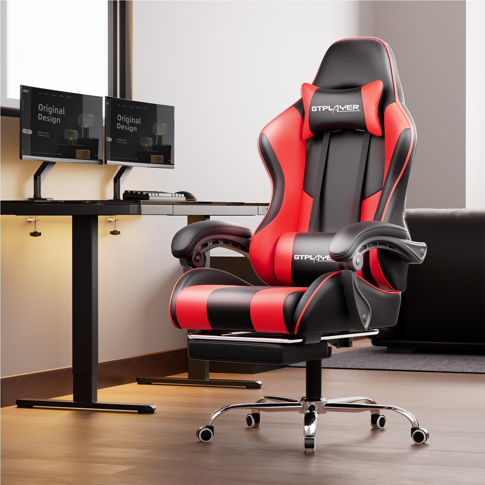 GTPLAYER Gaming Chair, Computer Chair with Footrest and Lumbar Support, Height Adjustable Game Chair with 360°-Swivel Seat and Headrest and for Office or Gaming (Pearl White)