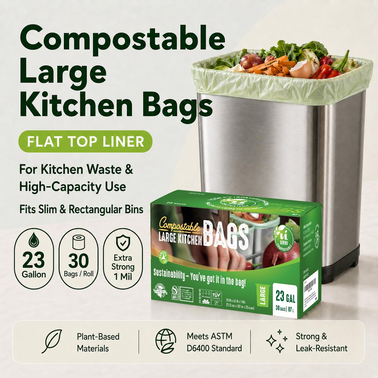 UNNI Compostable Trash Bags, 2.6 Gallon / 9.84 Liter, 100 Count, Extra Thick 0.71 Mil Small Kitchen Food Scrap Bin Liners, Certified by BPI, CMA & OK compost HOME, Meets the ASTM D6400 Standard