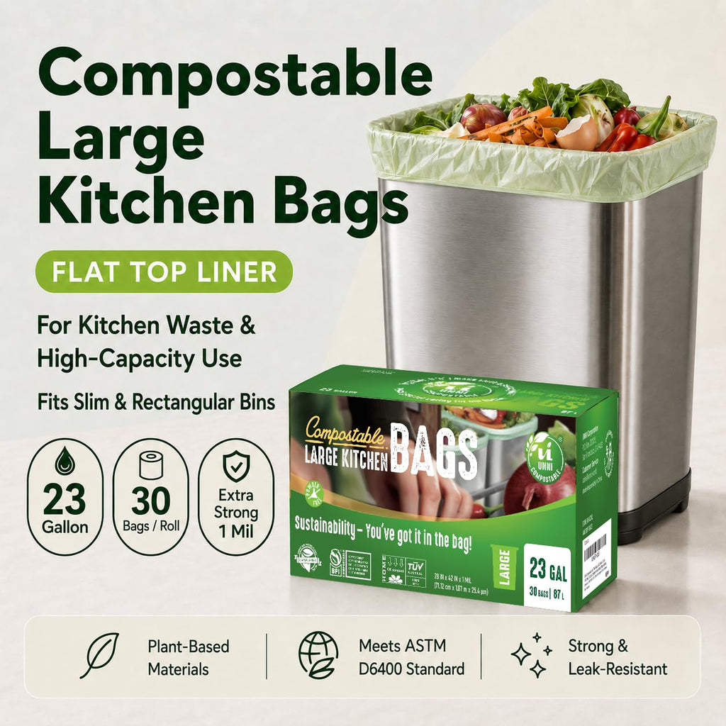 UNNI Compostable Trash Bags, 2.6 Gallon / 9.84 Liter, 100 Count, Extra Thick 0.71 Mil Small Kitchen Food Scrap Bin Liners, Certified by BPI, CMA & OK compost HOME, Meets the ASTM D6400 Standard