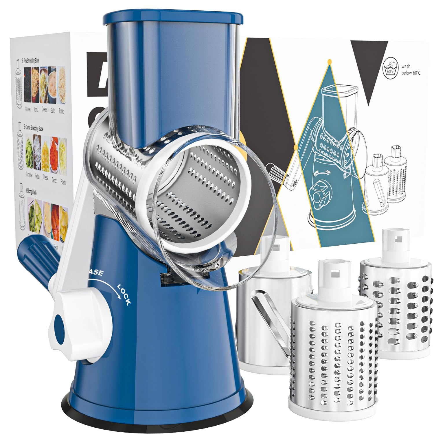 Cambom Rotary Cheese Grater Hand Crank Cheese Shredder for Fresh Cheese, Vegetable, Nuts,Non-slip Suction Base, Three Blades, Black