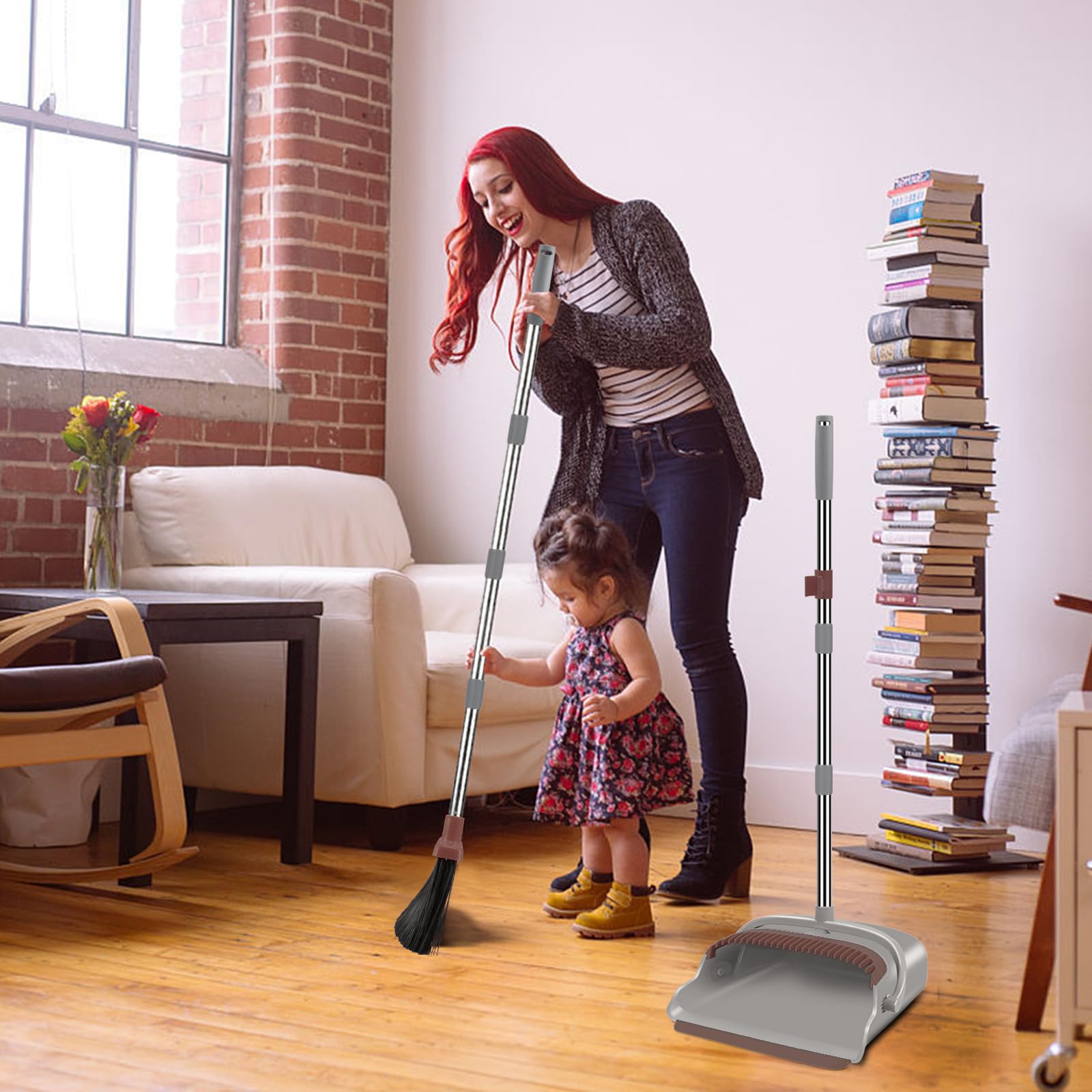 Upgrade Broom and Dustpan Set, Large Size and with Long Handle, Upright,Ideal for Indoor Outdoor Garage Kitchen Room Office Lobby Use (Green)