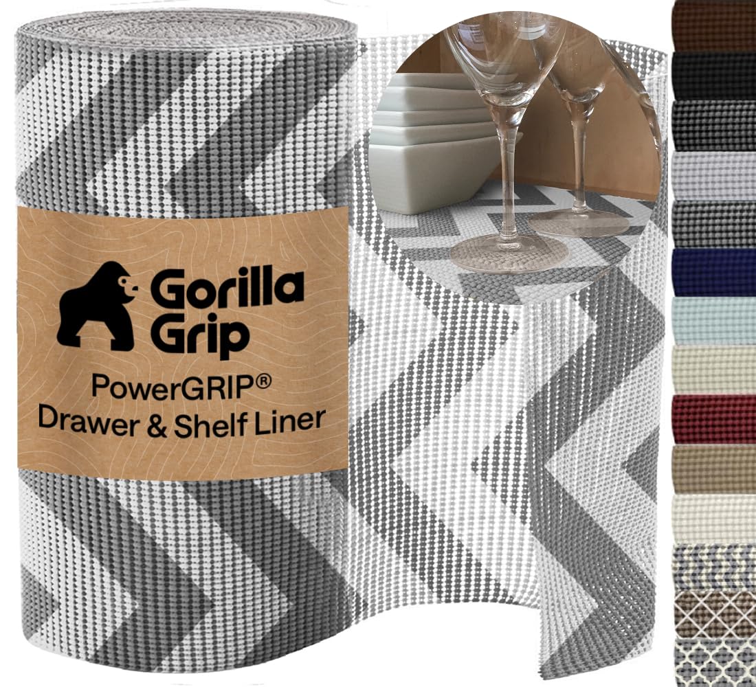 GORILLA GRIP powerGRIP Drawer Shelf and Cabinet Liner, Thick Strong Hold, Non-Adhesive Liners Protect Kitchen Cabinets and Cupboard, Bathroom Drawers, Easy Install Mat, 12" x20', Beige